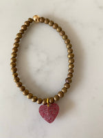 Bronze bead bracelet with red resin heart charm heart