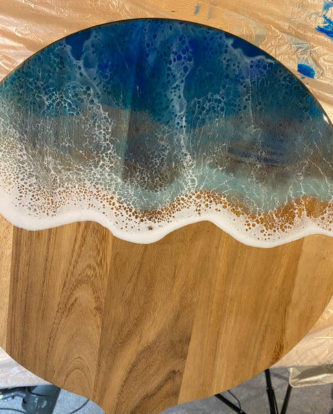 Round triple blue wave charcuterie board for Momsy!