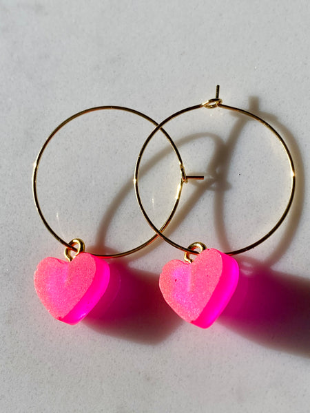 Hand poured neon mini hearts on 14k gold plated hoops