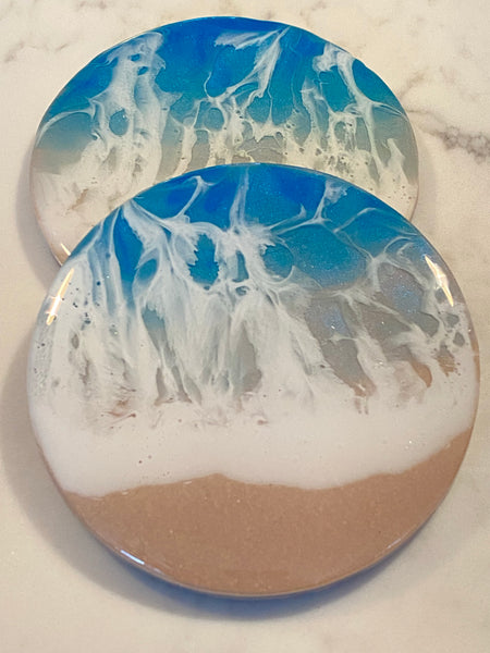 Pair of resin ocean on ceramic coasters