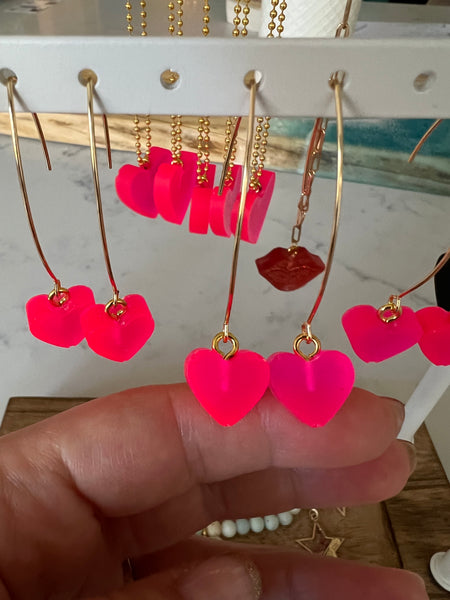 Hand poured mini neon heart  resin earrings