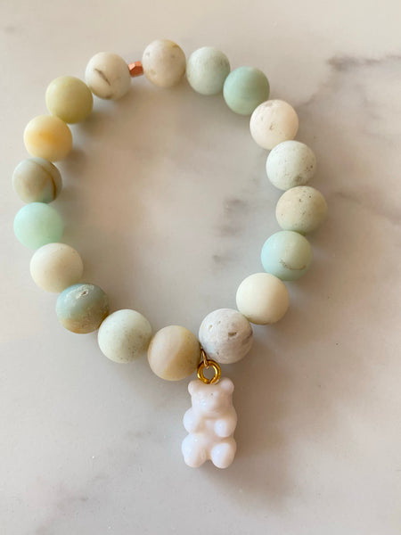 Natural gemstone bead bracelet with resin gummy bear charm.