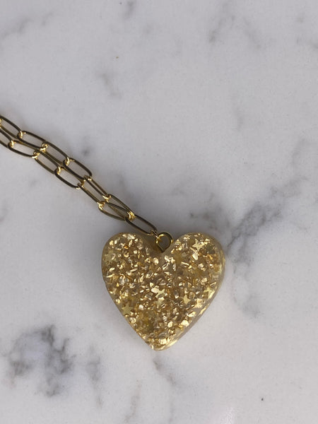 Gold plated paperclip chain necklace with hand poured gold resin heart