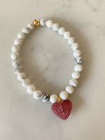 Gemstone bead bracelet with red resin heart charm