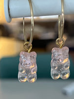 Mini sparkly pink gummy bears in gold fill hoops
