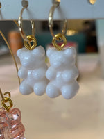 Gold filled Huggies with white resin gummy bear charms