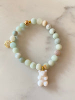 Natural gemstone bracelet with resin gummy bear charm and gold plated pave charm