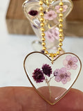 Pressed flower resin heart necklace