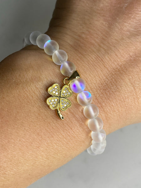 Mermaid glass bead bracelet with lucky clover gold plated micro pave charm 🍀