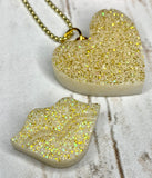 Gold resin heart necklace with 14k paper lip style trendy necklace. (Not ball chain seen here)