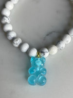 Natural gemstone bracelet with blue resin gummy bear.