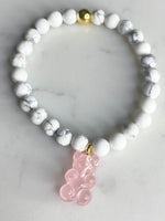 Natural gemstone bracelet with pink resin gummy bear.