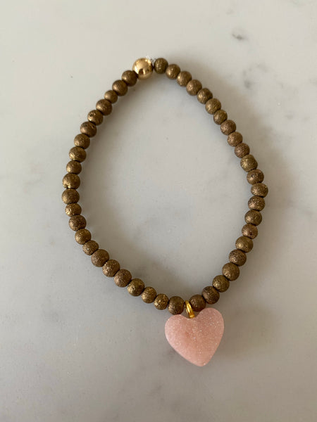 Bronze bead bracelet with blush pink resin heart charm